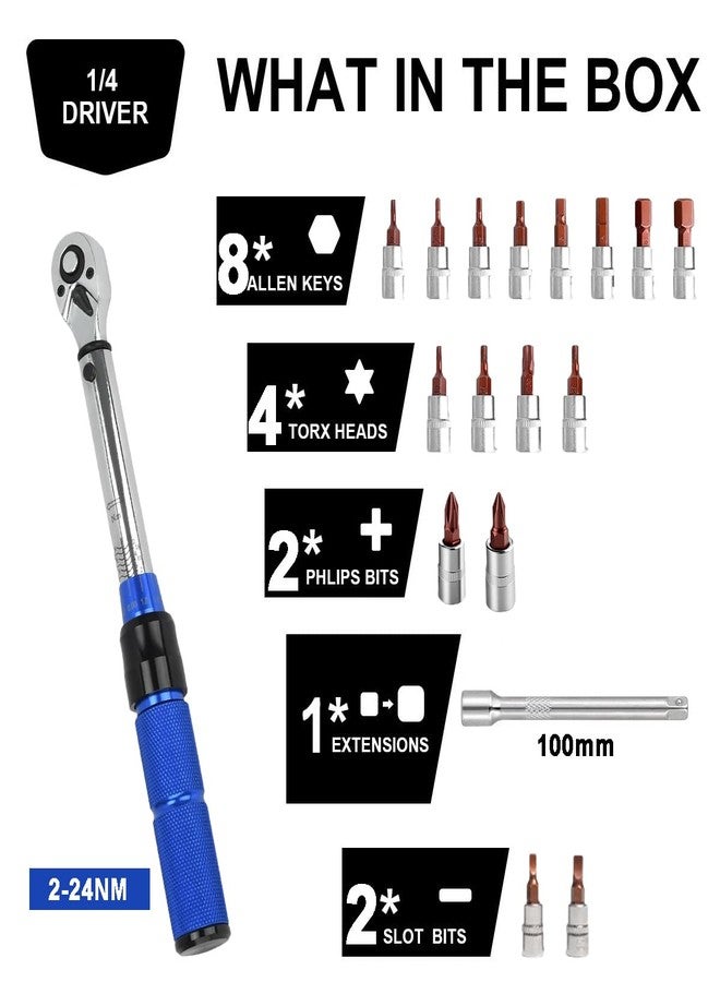 COTOUXKER Bike Torque Wrench Set, 1/4 Inch Drive Torque Wrench 2 to 24 Nm Bicycle Tool Kit for MTB Mountain Road Bikes with Allen Key, Torx Sockets, Extension Bar - Image 3